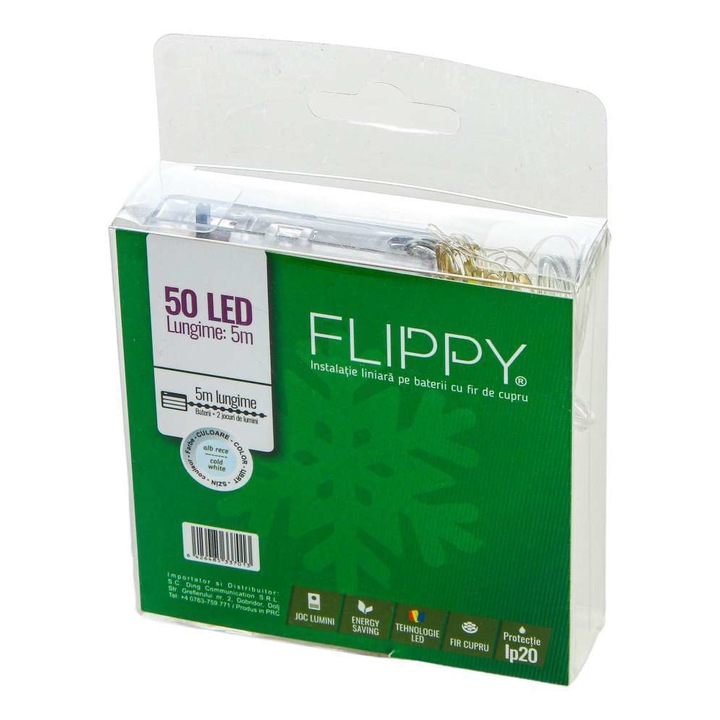 Коледни лампички, Flippy, тип низ, 5м, 50 Flash LED, меден жица, студено бяло