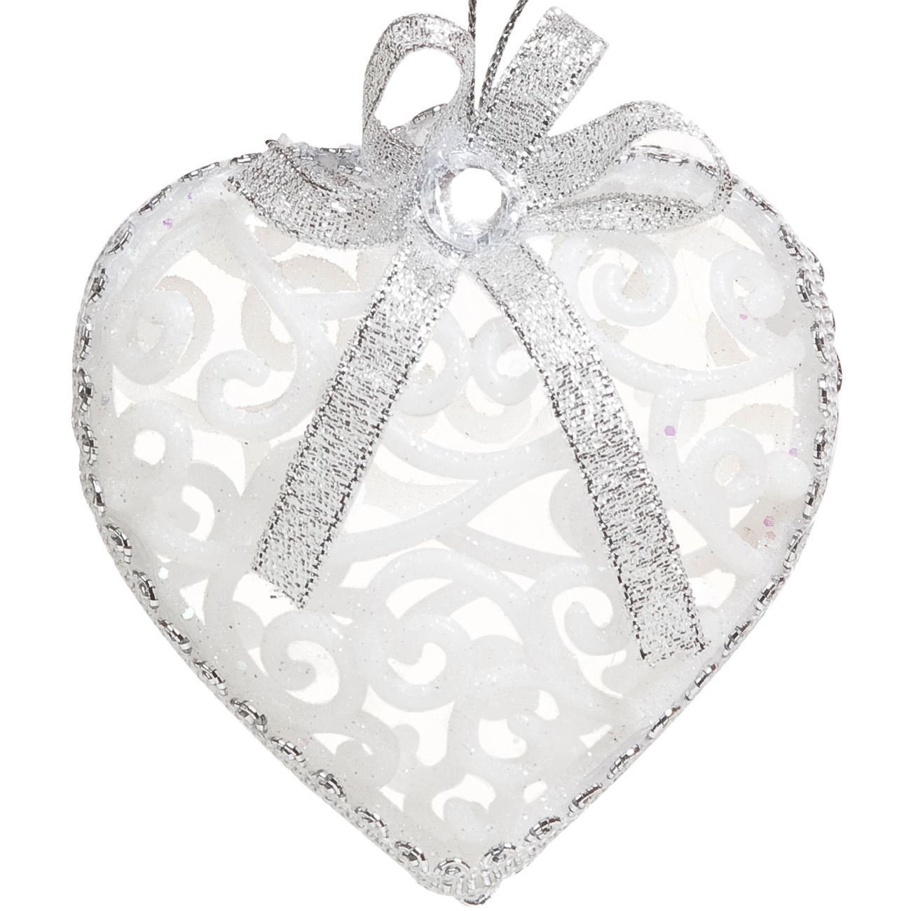 Set 6 globuri in forma de inimi albe perforate de Craciun, Lioness, 8 cm