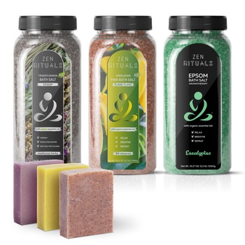 Set Zen Rituals, 3 recipiente saruri de baie cu uleiuri esentiale si 3 sapunuri vegane Set Zen Rituals, 3 recipiente saruri de baie cu uleiuri esentiale si 3 sapunuri vegane