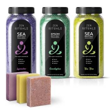 Set terapeutic Zen Rituals, 3 recipiente saruri de baie cu uleiuri esentiale si 3 sapunuri vegane Set terapeutic Zen Rituals, 3 recipiente saruri de baie cu uleiuri esentiale si 3 sapunuri vegane