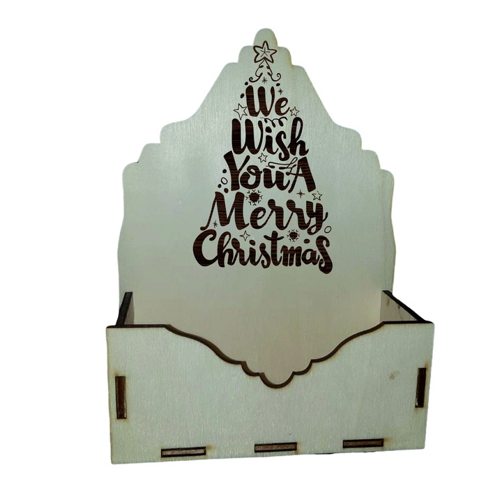 Cutie mica pentru Aranjamente Florale de Craciun, Model We wish you ..., Lemn, 15x7 cm, CC27
