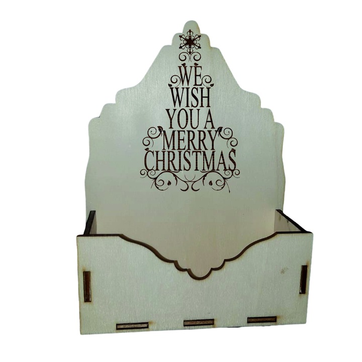 Cutie mica pentru Aranjamente Florale de Craciun, Model We wish you a Merry Christmas, Lemn, 15x7 cm, CC14