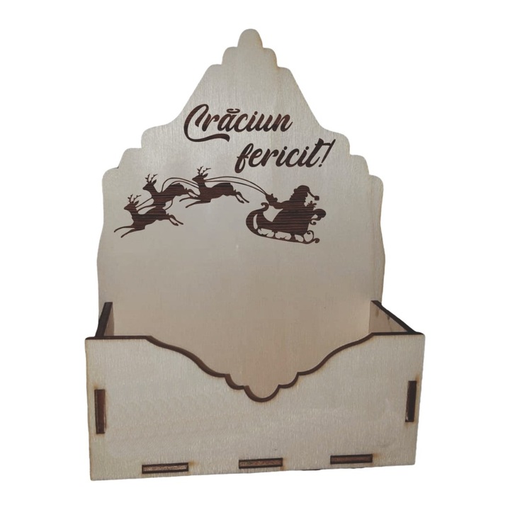 Cutie mica pentru Aranjamente Florale de Craciun, Model Craciun fericit cu Mos Craciun, Lemn, 15x7 cm, CC13