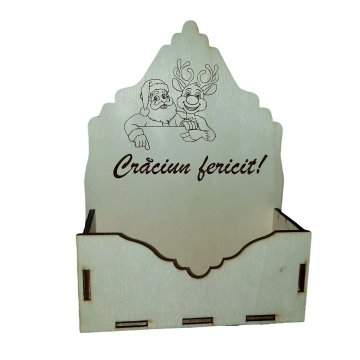 Cutie mare pentru Aranjamente Florale de Craciun, Model Craciun Fericit cu Rudolf si Mos Craciun, Lemn, 20x9 cm, CC32