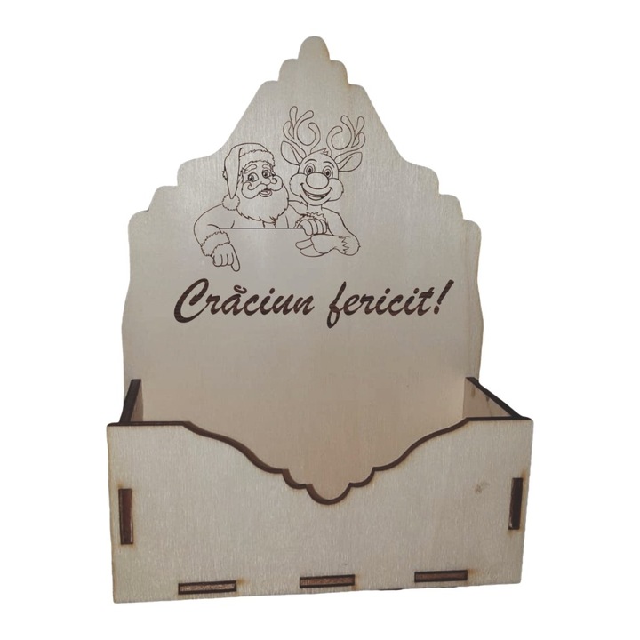 Cutie mica pentru Aranjamente Florale de Craciun, Model Craciun Fericit cu Rudolf si Mos Craciun, Lemn, 15x7 cm, CC32