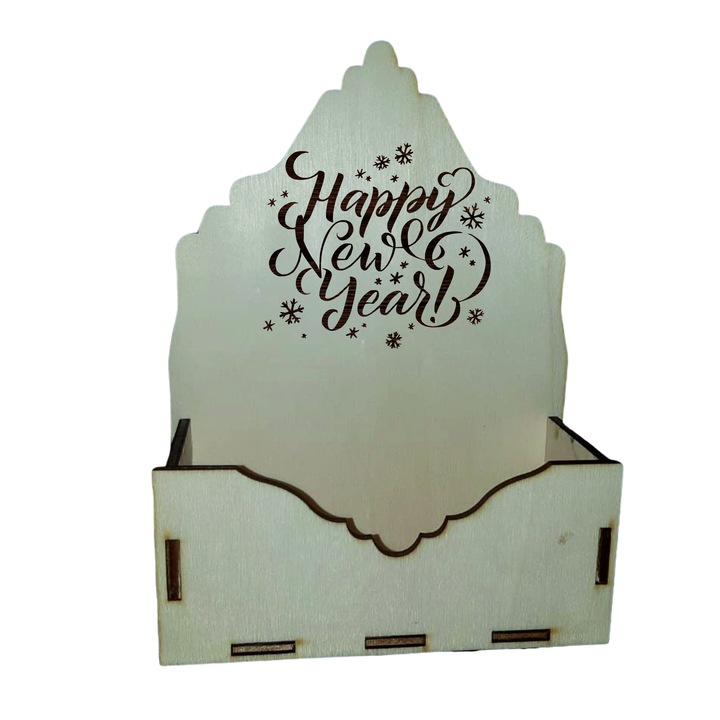 Cutie mica pentru Aranjamente Florale de Craciun, Model Happy New Year, Lemn, 15x7 cm