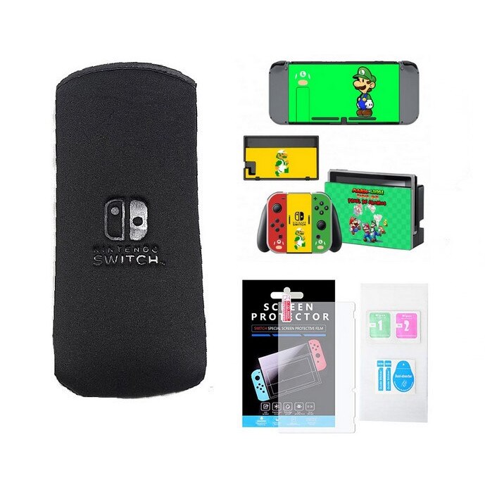 Set 3 Bucati Husa Nintendo Switch Soft Negru + Screen Protectie Anti-scratch + 4 Skin Stickers Super Mario