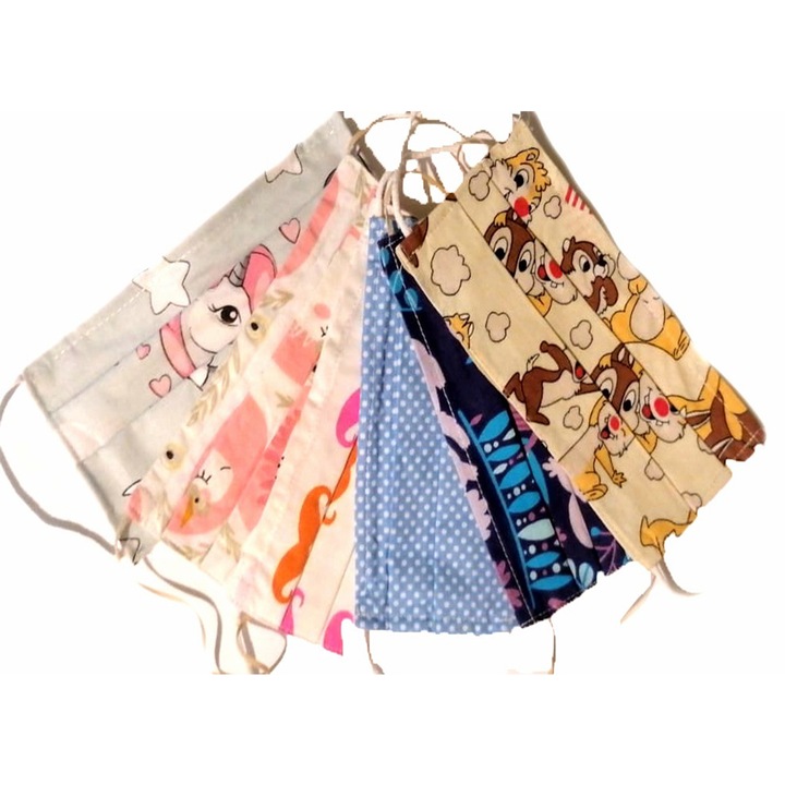 Set 6 Masti protectie fata pentru copii 3-6 ani, cu pliuri, sarmulita si buzunar pentru filtru, reutilizabile, din bumbac, 2 straturi, imprimeuri colorate