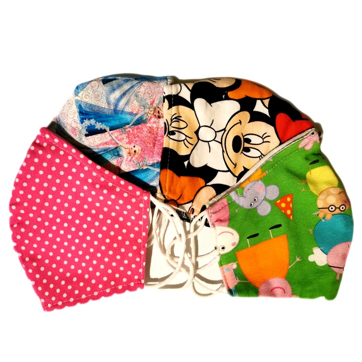 Set 4 Masti protectie fata anatomice pentru copii 7-12 ani, reutilizabile, din bumbac, 2 straturi, imprimeuri cu personaje