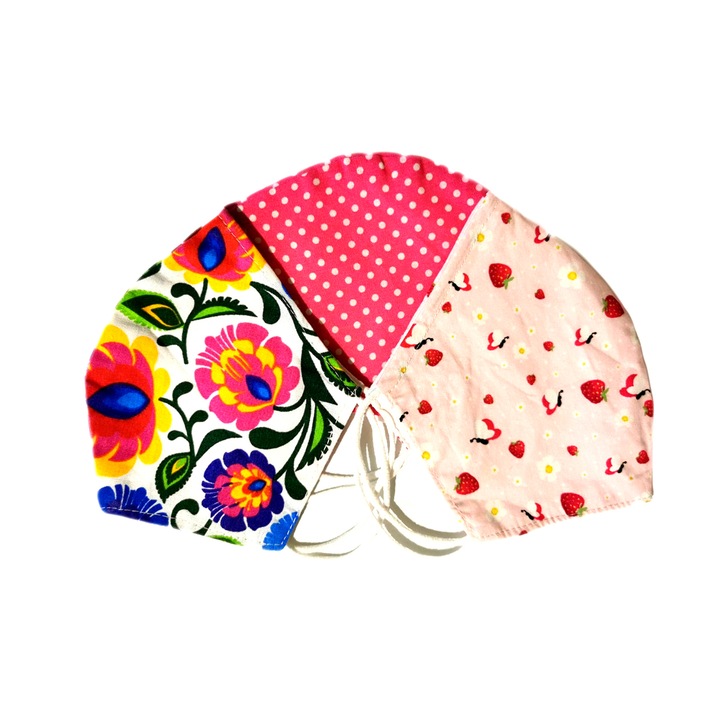 Set 3 Masti protectie fata anatomice pentru femei, reutilizabile, din bumbac, 2 straturi, imprimeuri diverse/colorate