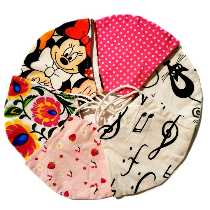 Set 6 Masti protectie fata anatomice pentru copii 7-12 ani, reutilizabile, din bumbac, 2 straturi, imprimeuri diverse/colorate