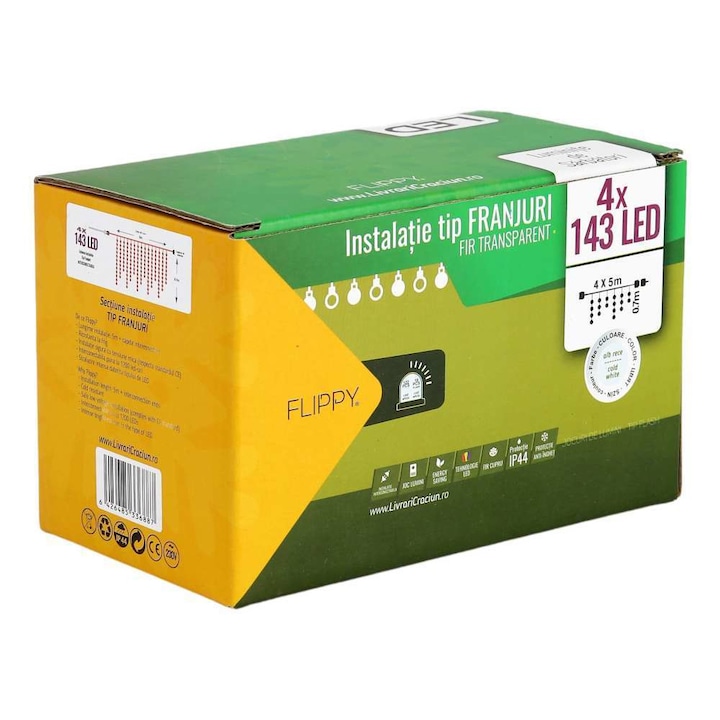 Коледни лампички, Flippy, тип ресни, 20 м, Flash, 572 LED, Студено бяло, трансформатор, взаимно свързване, прозрачна жица