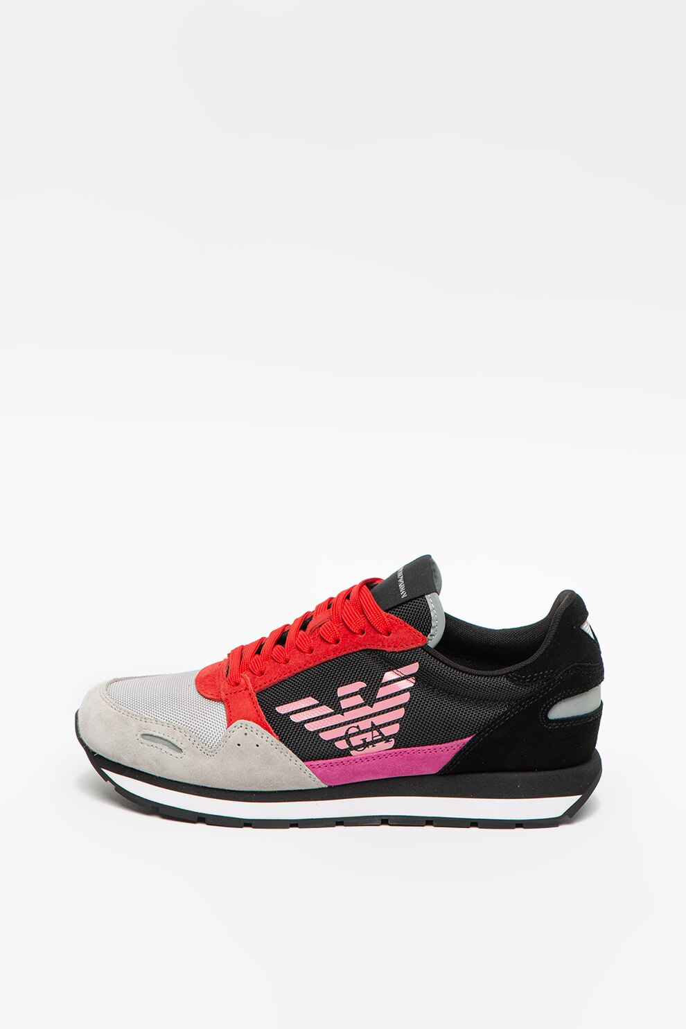 Emporio Armani, Pantofi sport din piele intoarsa si piele ecologica cu insertii din plasa, Negru/Gri/Rosu, 36