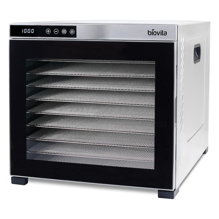 Deshidrator digital cu 10 tavi din inox si 10 tavi cu grilaj marunt, 1000W, Inox, cu termostat si programare 48 de ore