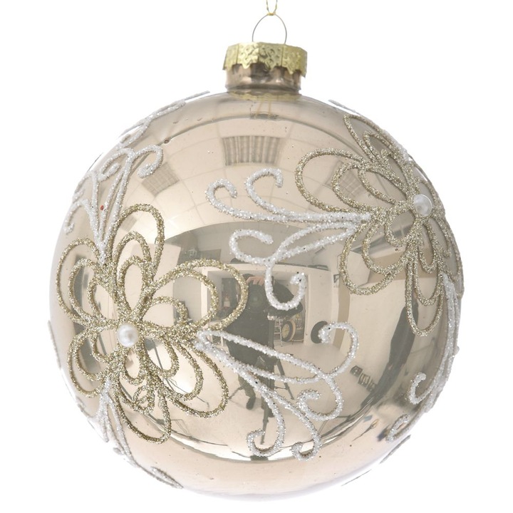Set 4 Globuri de Craciun, din sticla, cu model floral, gold si alb, 10 CM