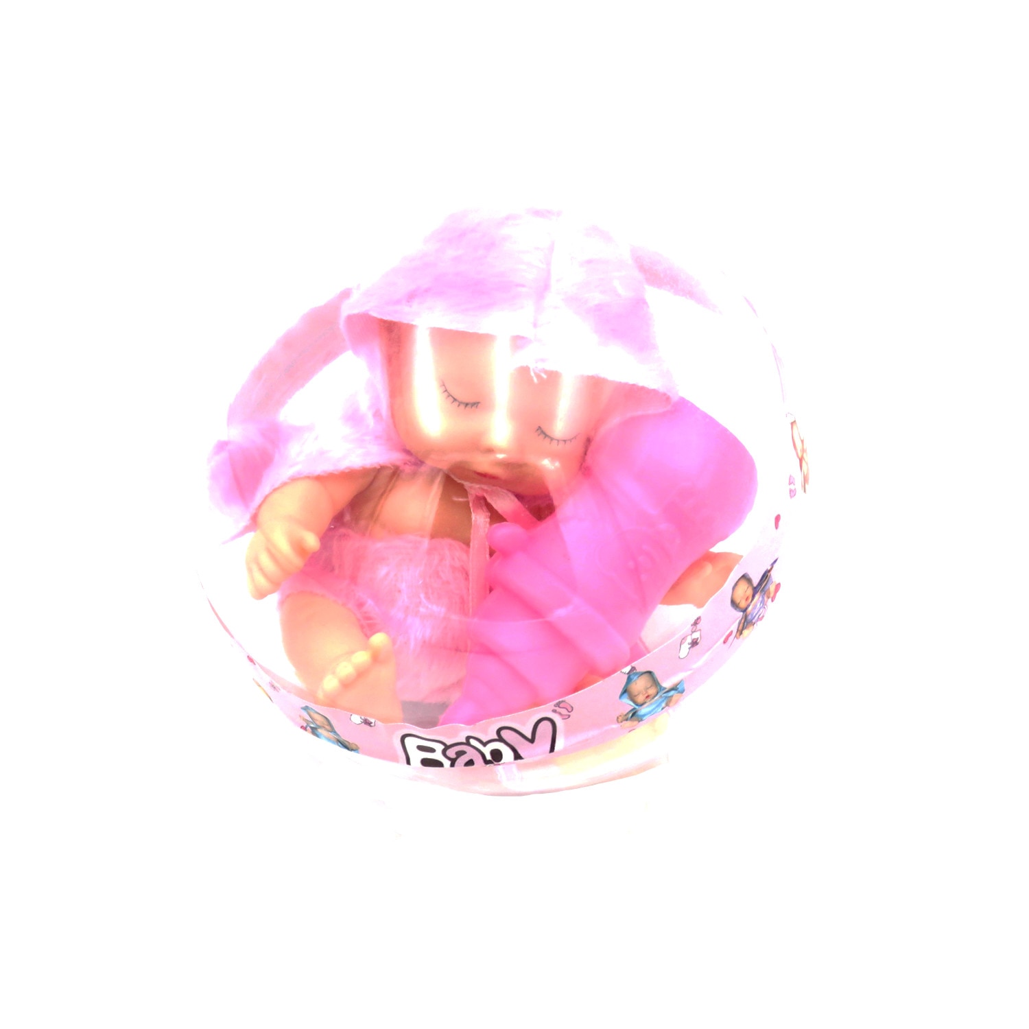 Glob plastic cu papusa , biberon ,roz, BaBy
