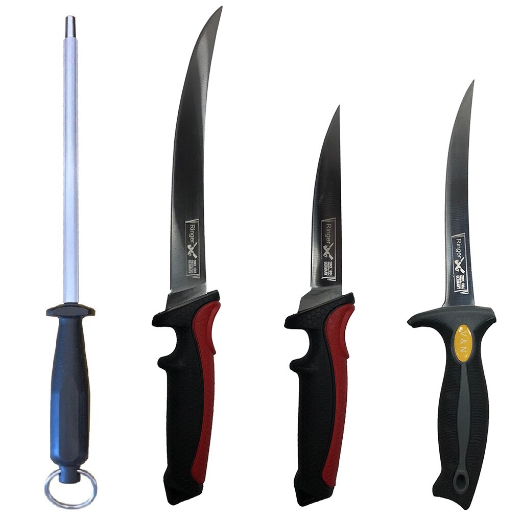 Pachet Profesional de Macelarie Butcher-4PCS, 3 Cutite + 1 Masat pentru Ascutit, DBD038