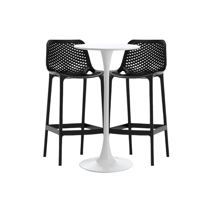 Set masa si scaune de bar , RAKI, 3 piese, masa alba 60x101cm cu 2 scaune London Air negre 52x44x105cm
