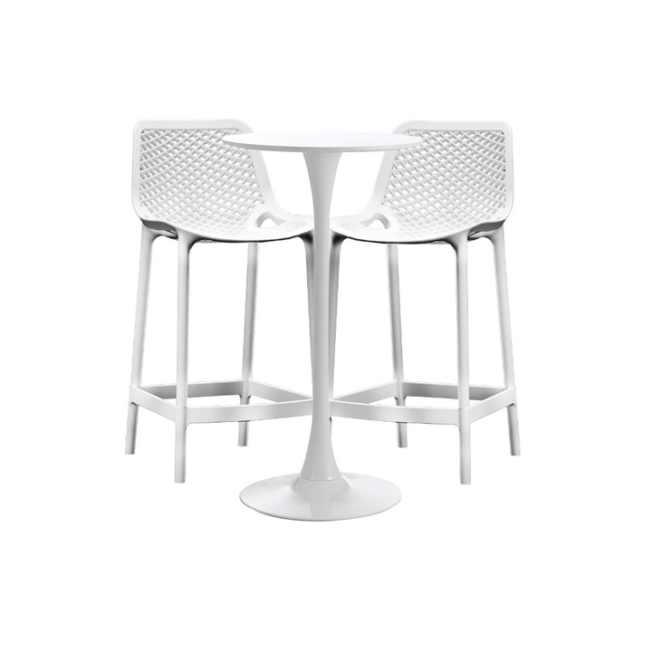 Set masa si scaune de bar alb, RAKI, 3 piese, masa 60x101cm cu 2 scaune London Air 52x44x105cm