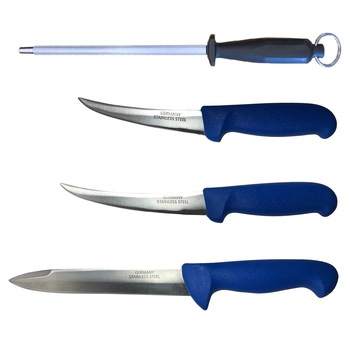 Pachet profesional pentru macelarie, injunghiat, transat, dezosat, filetat, 3 cutite + masat pentru ascutit , TLK055 Pachet profesional pentru macelarie, injunghiat, transat, dezosat, filetat, 3 cutite + masat pentru ascutit , TLK055