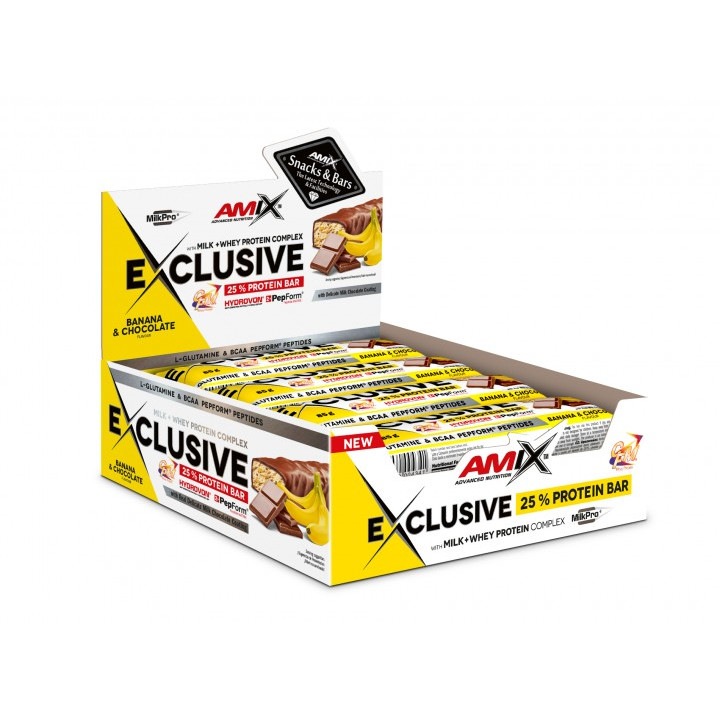 Кутия с 12 блокчета Amix Exclusive Protein Bar Chocolate With Bananas 1.020 кг