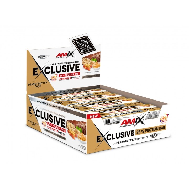 Doboz 12 Amix Exclusive Protein Bar szelettel, mogyoróvajas torta 1,020 kg