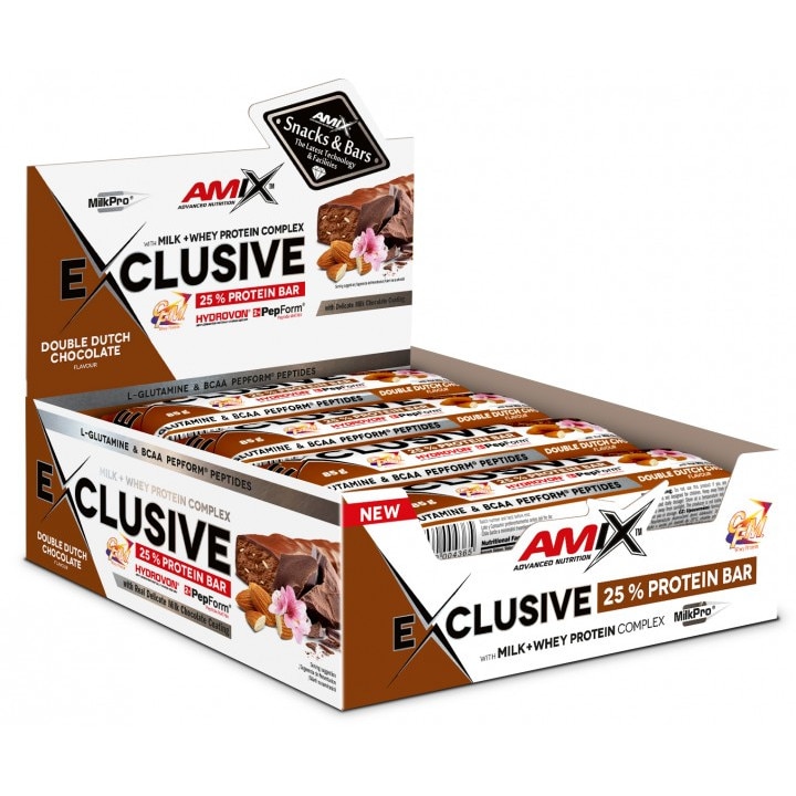 Cutie 12 batoane Amix Exclusive Protein Bar CCiocolata Dubla Olandeza 1.020 Kg