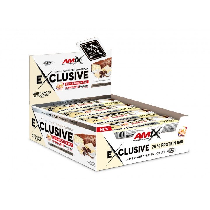 Cutie 12 batoane Amix Exclusive Protein Bar Ciocolata Alba Cu Cocos 1.020 Kg