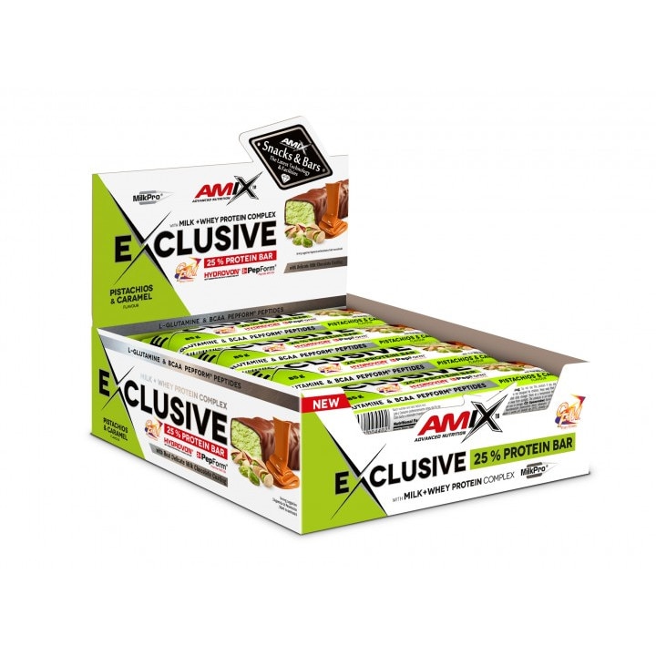 Cutie 12 batoane Amix Exclusive Protein Bar Fistic Si Carame 1.020 Kg