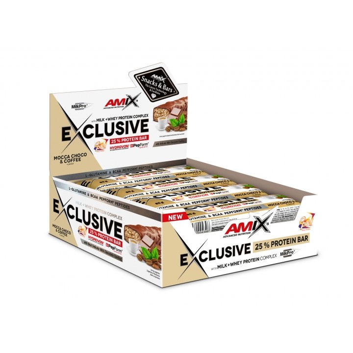 Doboz 12 szelet Amix Exclusive Protein Bar csokoládé és kávé 1,020 kg