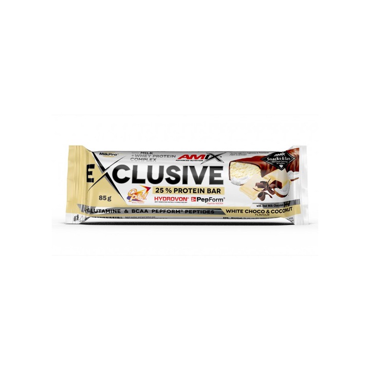 Baton Proteic Amix Exclusive Protein Bar Ciocolata Alba Cu Cocos 0.085 Kg