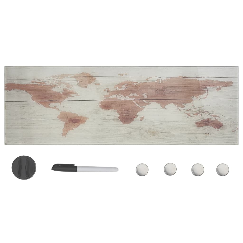 Set tabla magnetica de perete cu magneti, burete si marker, vidaXL, Sticla securizata, Maro, model harta, 60 x 20 cm