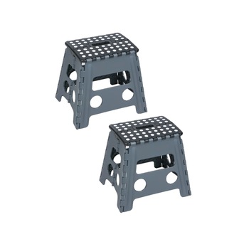 Pachet 2 scaune pliabile din plastic, tip taburet, cu maner de transport si buline, 29x22x32 cm, Negru/Gri Pachet 2 scaune pliabile din plastic, tip taburet, cu maner de transport si buline, 29x22x32 cm, Negru/Gri