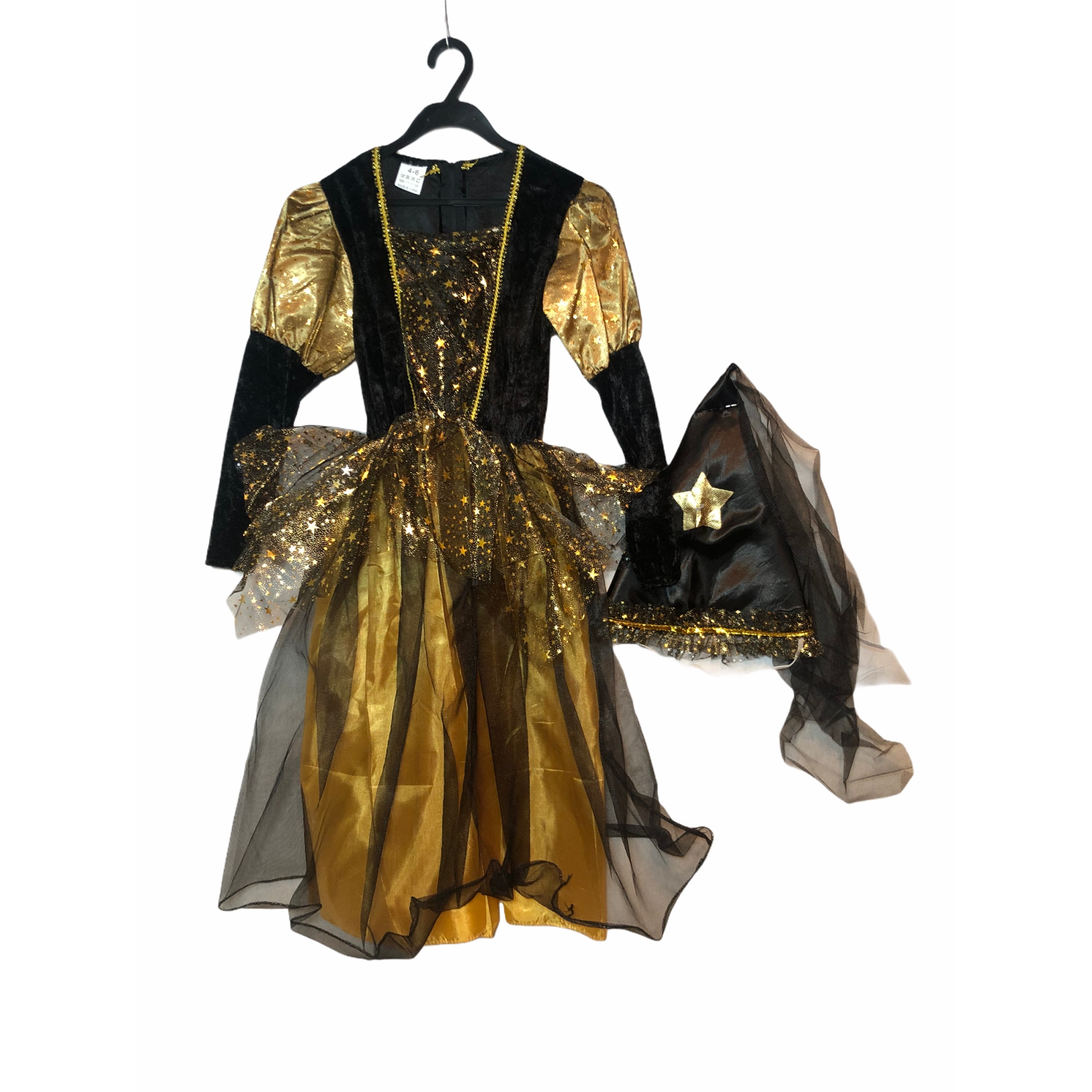 Costum de vrajitoare pentru copii, Atelier, Halloween, Textil, Negru/Auriu, 4-6 ani
