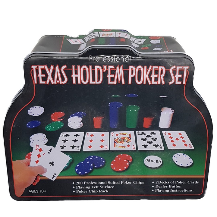 Fekete Texas Hold'em pókerkészlet, 200 zseton, 2 pakli kártya, játékasztal szőnyeg, nagy és kis vak osztó zseton, doboz