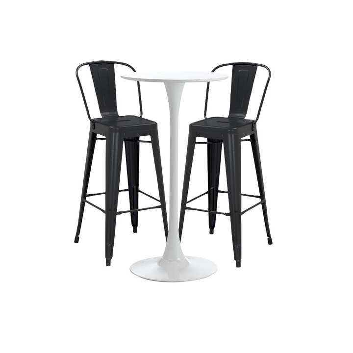 Set bar , cafenea RAKI, masa alba 60x101cm si doua scaune metalice negre cu spatar 46x43x107cm