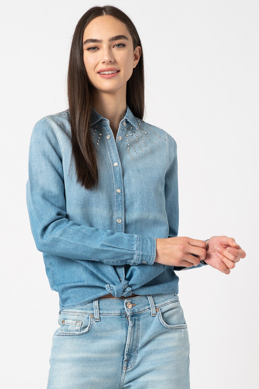 7 for all mankind, Camasa din amestec de in si denim cu strasuri, Albastru deschis, S