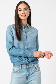 7 for all mankind, Camasa din amestec de in si denim cu strasuri, Albastru deschis, S 7 for all mankind, Camasa din amestec de in si denim cu strasuri, Albastru deschis, S