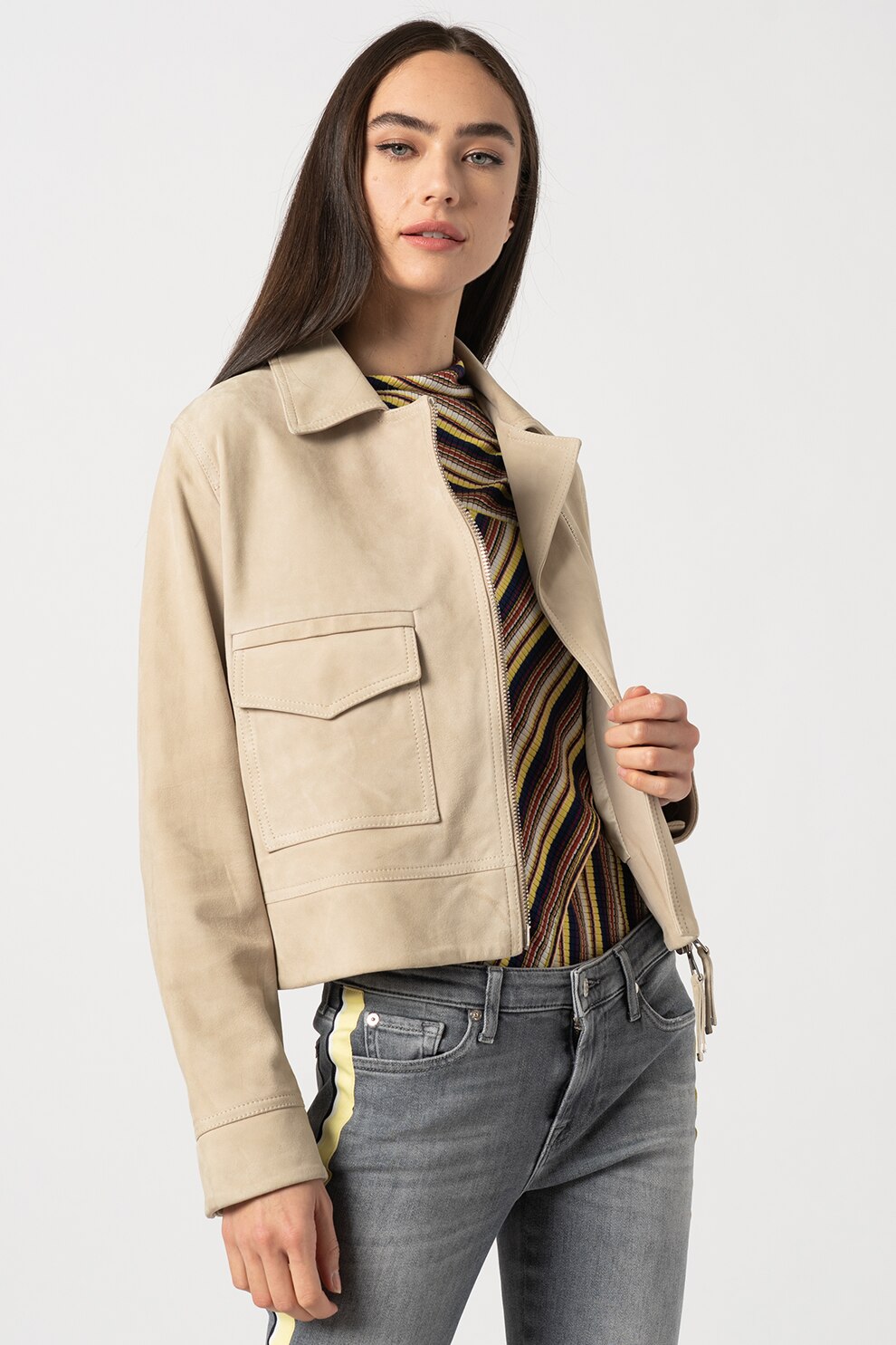 7 for all mankind, Jacheta de piele intoarsa cu buzunar aplicat, Crem, M