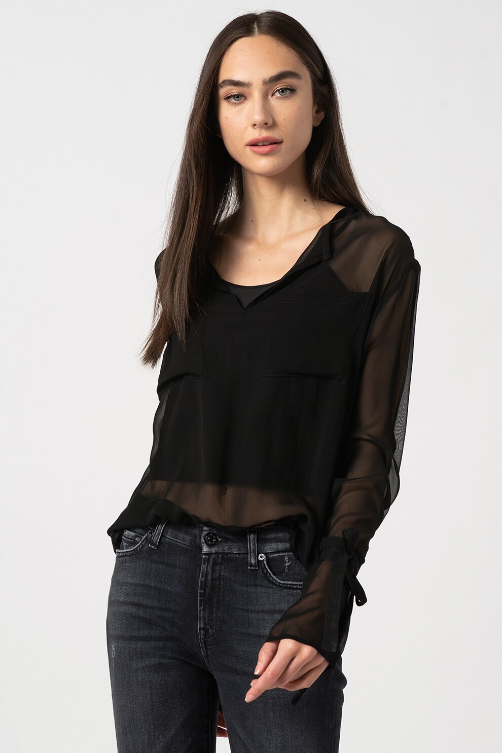 7 for all mankind, Bluza de matase cu aspect transparent, Negru, M