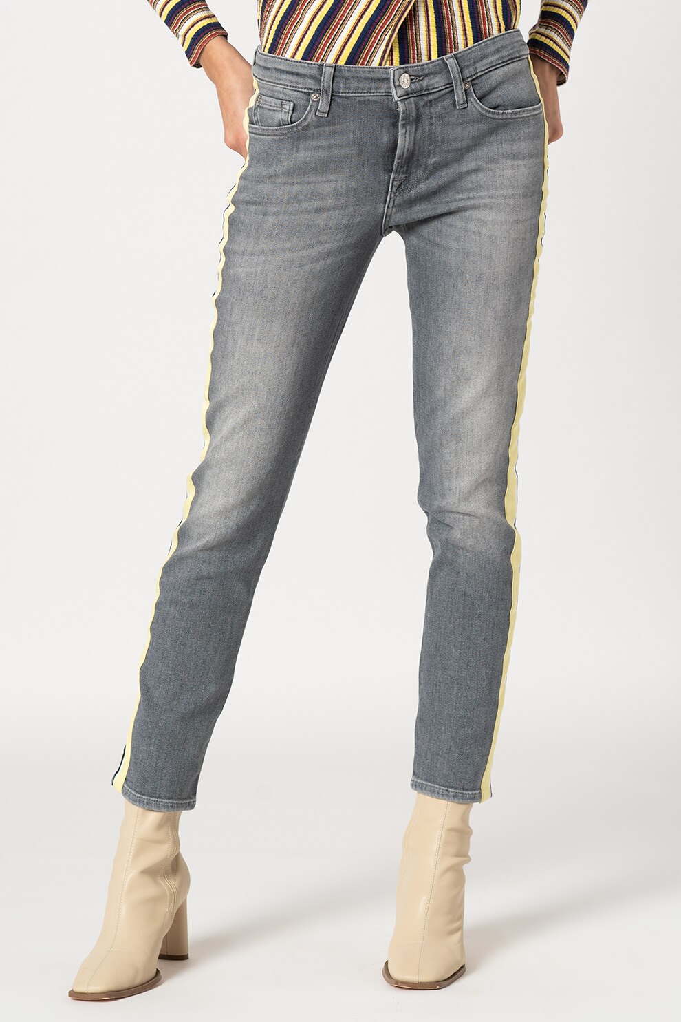 7 for all mankind, Blugi slim fit cu benzi laterale contrastante, Gri deschis