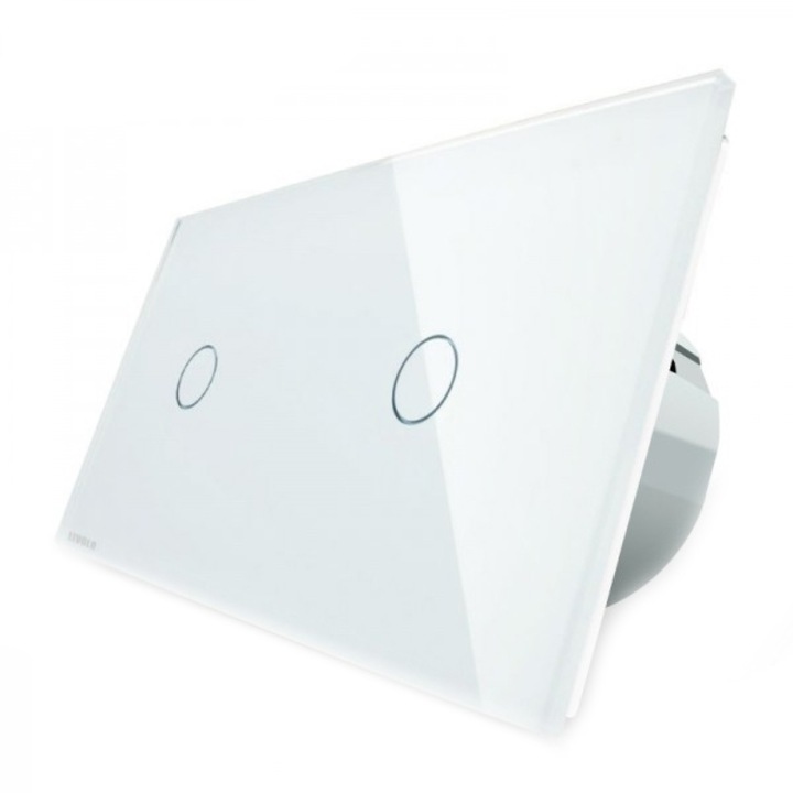Intrerupator simplu + simplu cu touch Livolo din sticla alb, VL-C701/C701-11