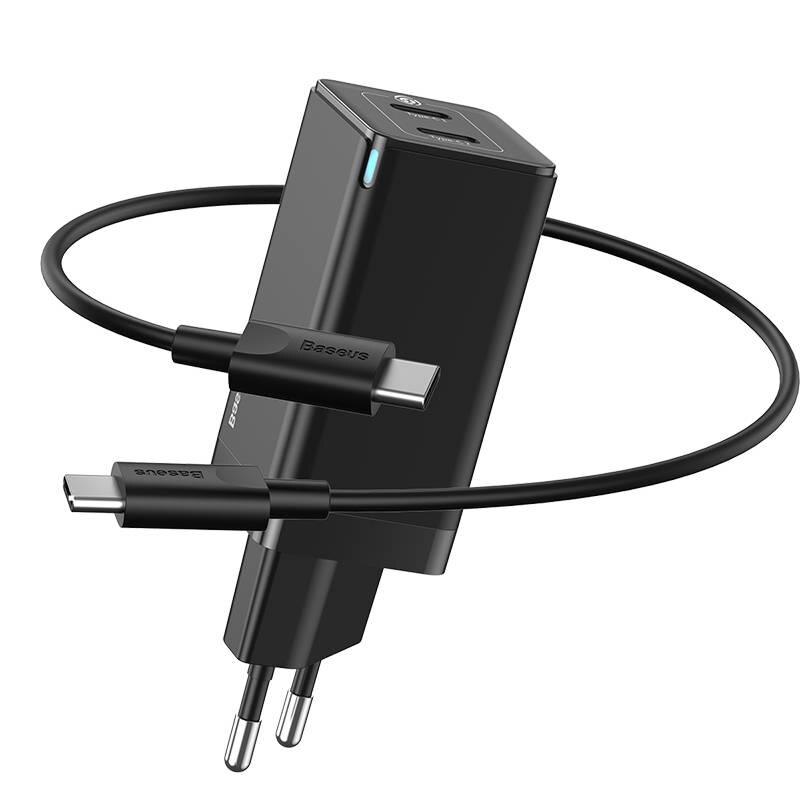 Incarcator Quick Charge Baseus Gan2 cu mini-cablu 1m, 2 x USB-C, 45W, EU, Negru