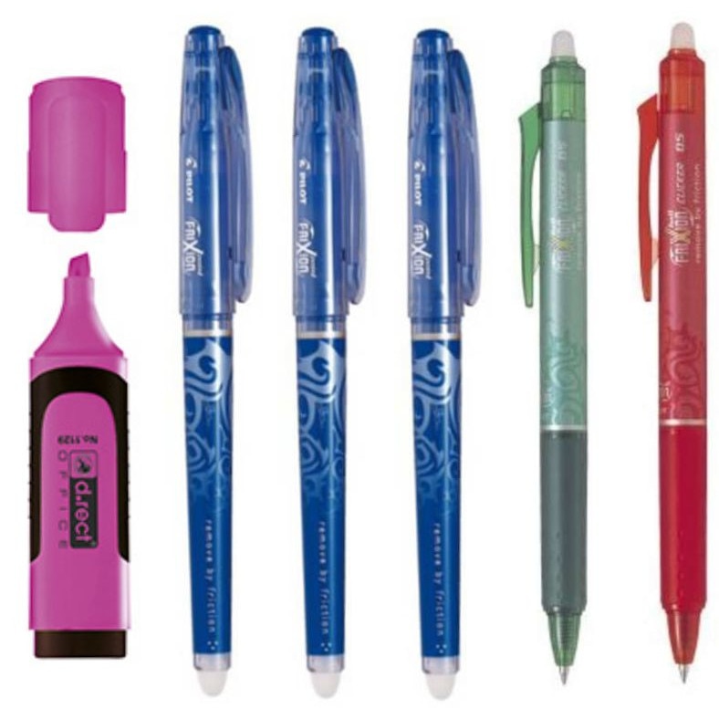 Set Roller Pilot Frixion 0.5mm albastru 3 bucati + Clicker Pilot Frixion 0.5mm rosu + Clicker Pilot Frixion 0.5mm verde + Textmarker D.rect