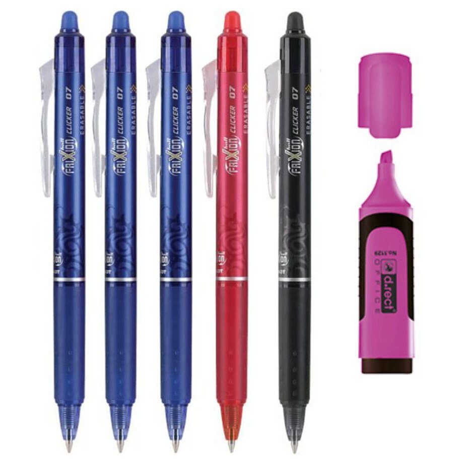 Set Clicker Pilot Frixion 0.7mm , 3 albastre, 1 rosu , 1 negru Textmarker D.rect