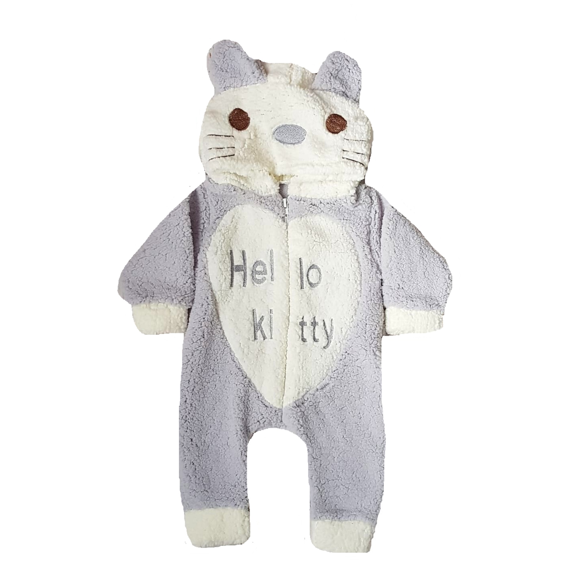 Combinezon plusat cu gluga, Hello Kitty, varsta 6-9 luni, 74 cm, Alb/Gri