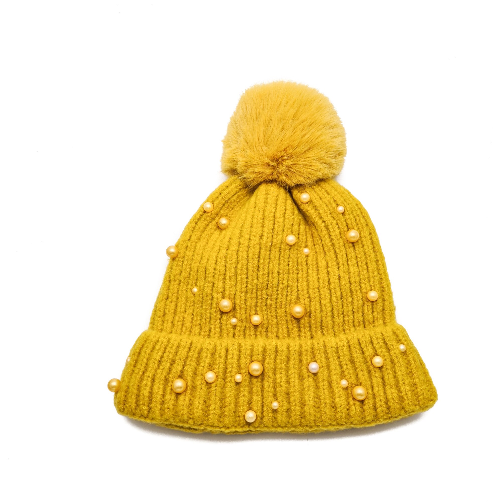 Caciula fete cu aplicatii perle, Tia Accesorii, galben mustar