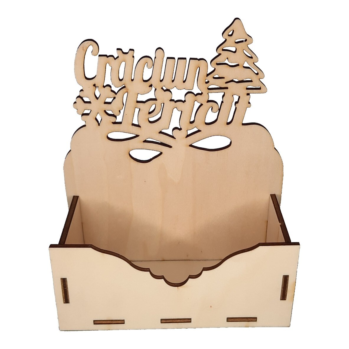 Cutie mica pentru Aranjamente Florale de Craciun, Model Craciun fericit debitat, Lemn, 15x7 cm, CC04