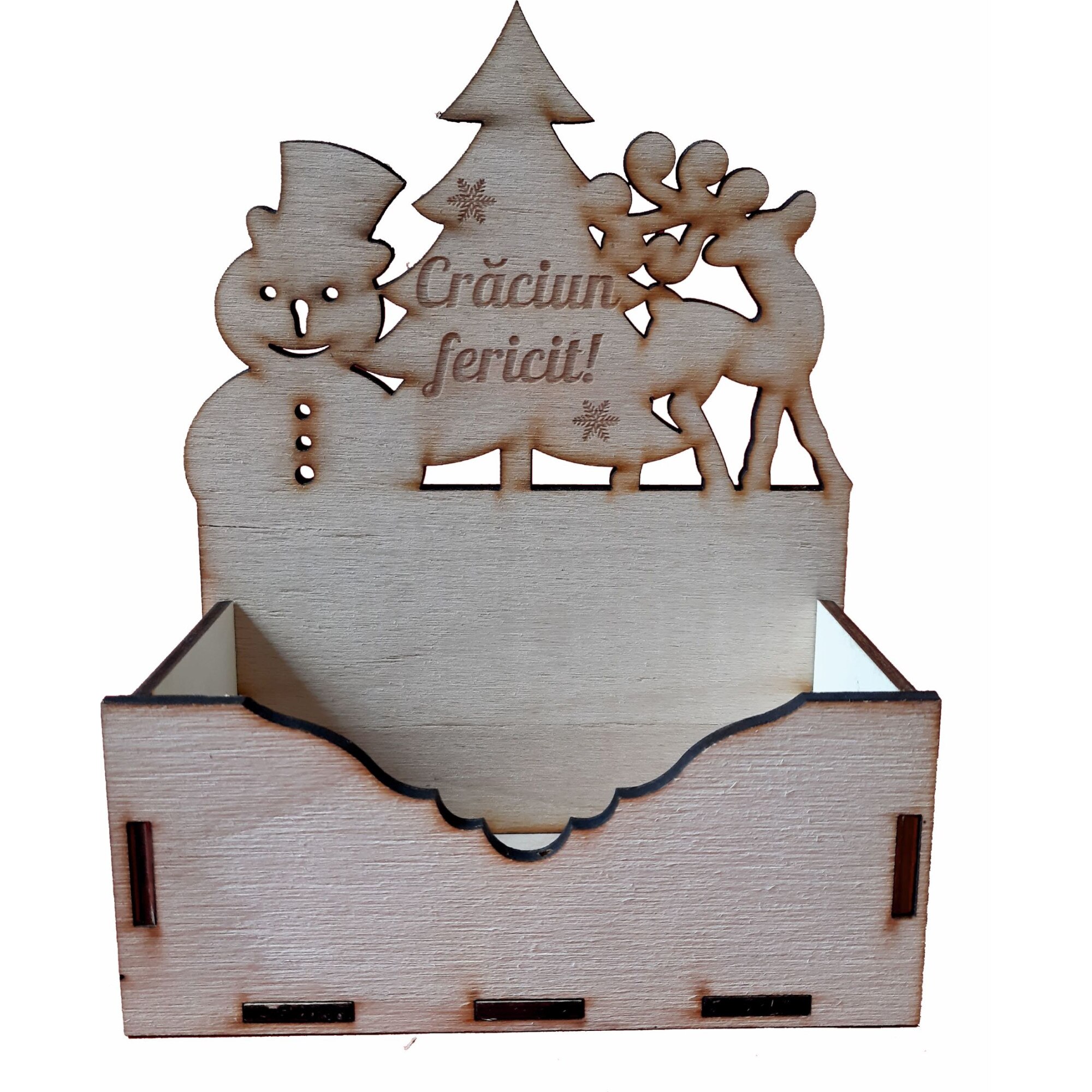 Cutie mica pentru Aranjamente Florale de Craciun, Model cu Craciun fericit debitat, Lemn, 15x7 cm