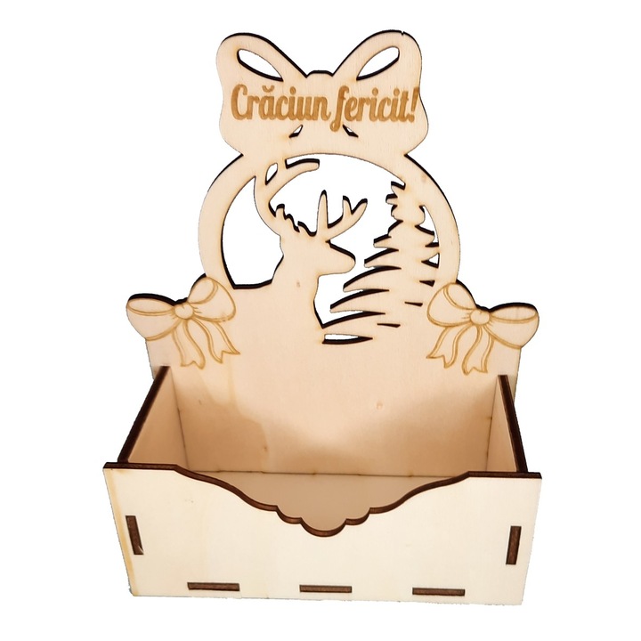 Cutie mare pentru Aranjamente Florale de Craciun, Model Craciun fericit cu fundite debitat, Lemn, 20x9 cm, CC06